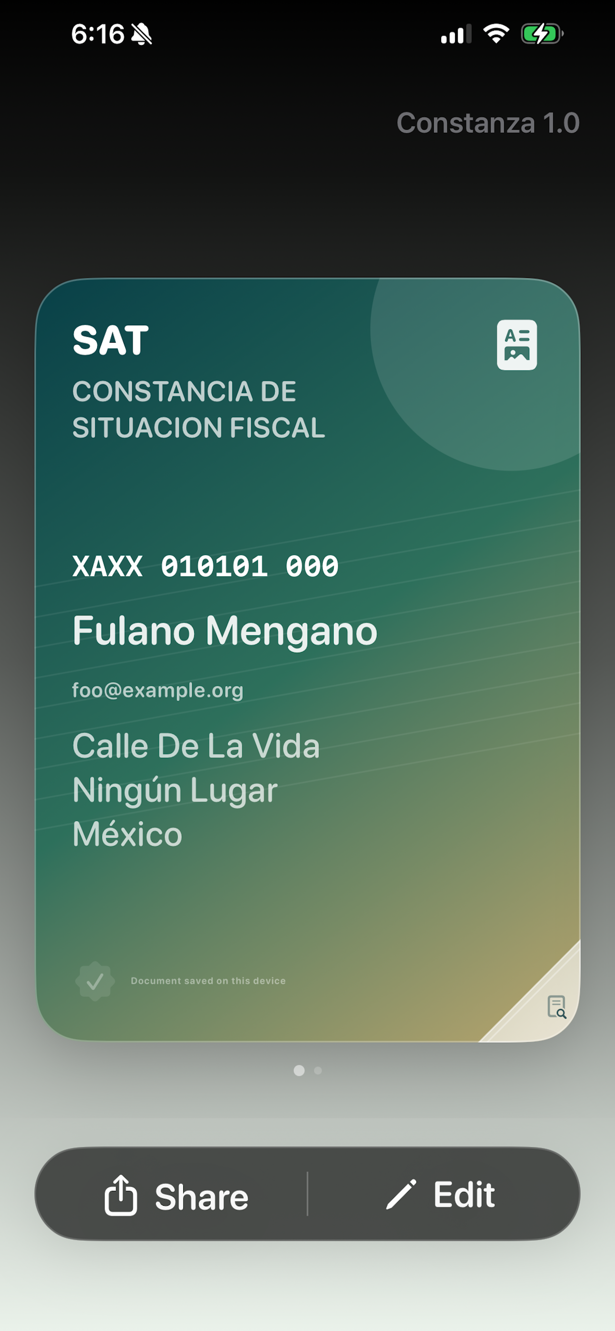 Constanza home screen showing saved fiscal information ready to share